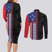 Samoa Flag Couples Matching Long Sleeve Bodycon Dress and Long Sleeve Button Shirt Ula Fala With Samoan Siapo LT05 - Polynesian Pride