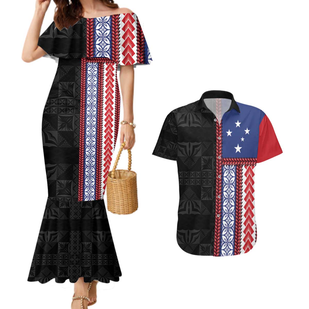 Samoa Flag Couples Matching Mermaid Dress and Hawaiian Shirt Ula Fala With Samoan Siapo - Polynesian Pride