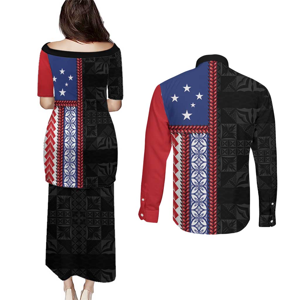Samoa Flag Couples Matching Puletasi and Long Sleeve Button Shirt Ula Fala With Samoan Siapo LT05 - Polynesian Pride