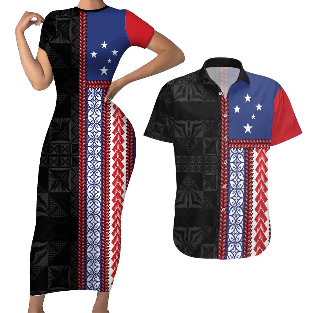 Samoa Flag Couples Matching Short Sleeve Bodycon Dress and Hawaiian Shirt Ula Fala With Samoan Siapo - Polynesian Pride