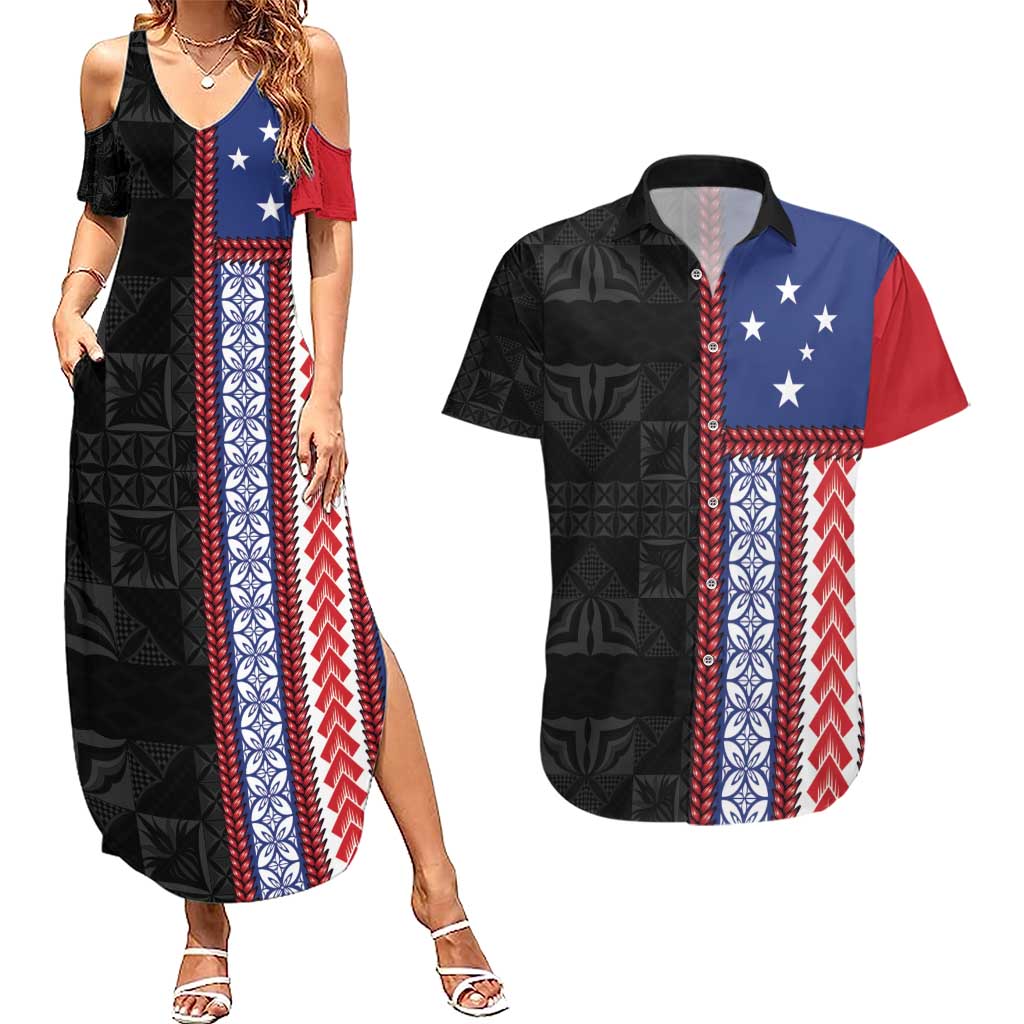 Samoa Flag Couples Matching Summer Maxi Dress and Hawaiian Shirt Ula Fala With Samoan Siapo - Polynesian Pride