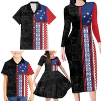 Samoa Flag Family Matching Long Sleeve Bodycon Dress and Hawaiian Shirt Ula Fala With Samoan Siapo - Polynesian Pride