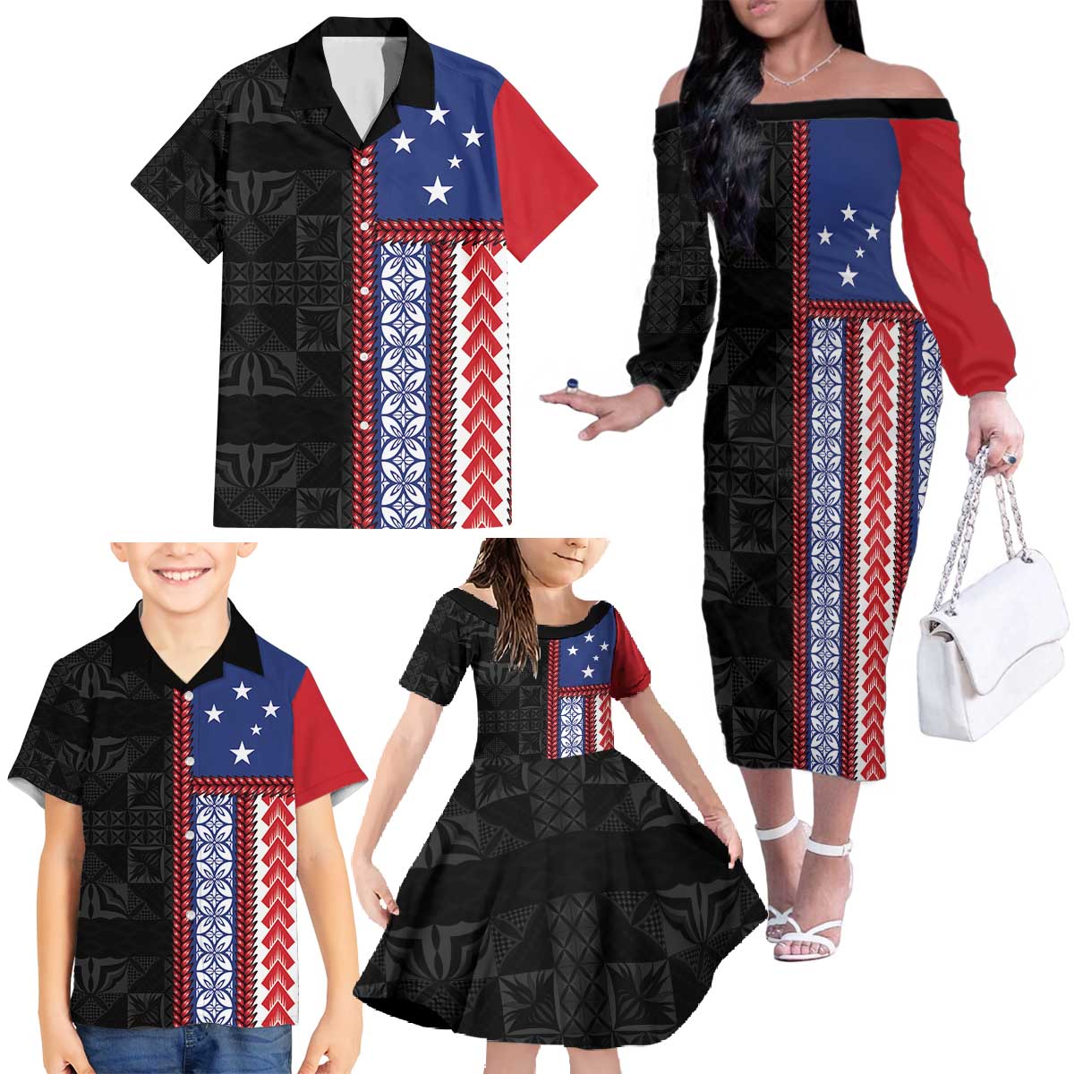 Samoa Flag Family Matching Off The Shoulder Long Sleeve Dress and Hawaiian Shirt Ula Fala With Samoan Siapo - Polynesian Pride