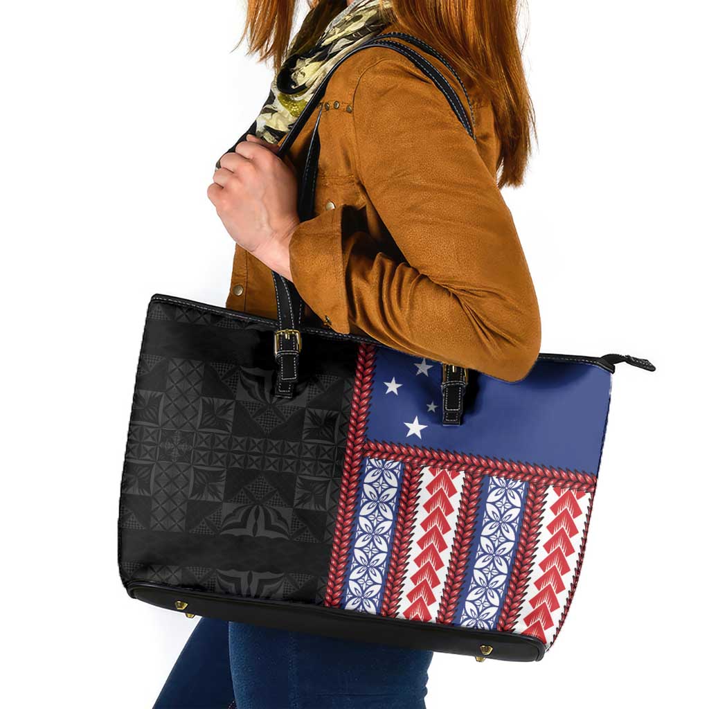Samoa Flag Leather Tote Bag Ula Fala With Samoan Siapo LT05 Black - Polynesian Pride