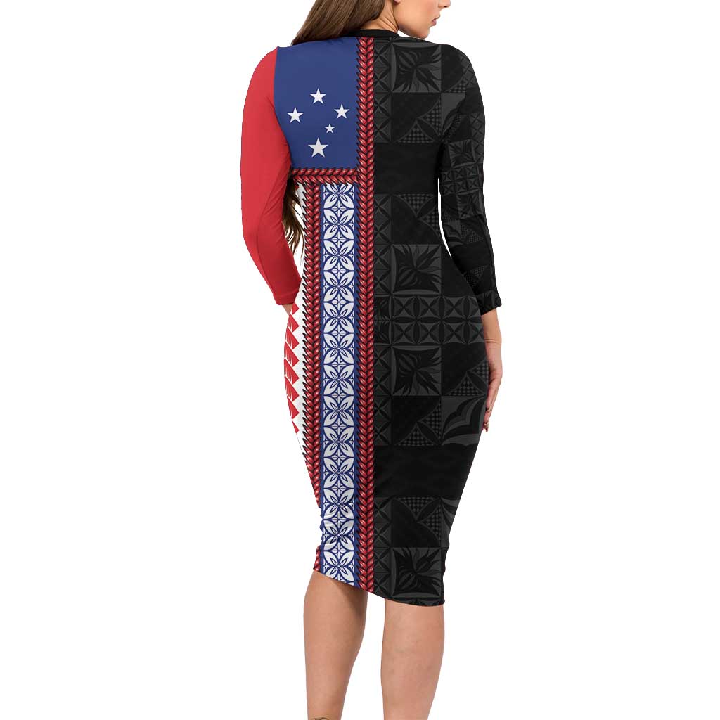 Samoa Flag Long Sleeve Bodycon Dress Ula Fala With Samoan Siapo - Polynesian Pride