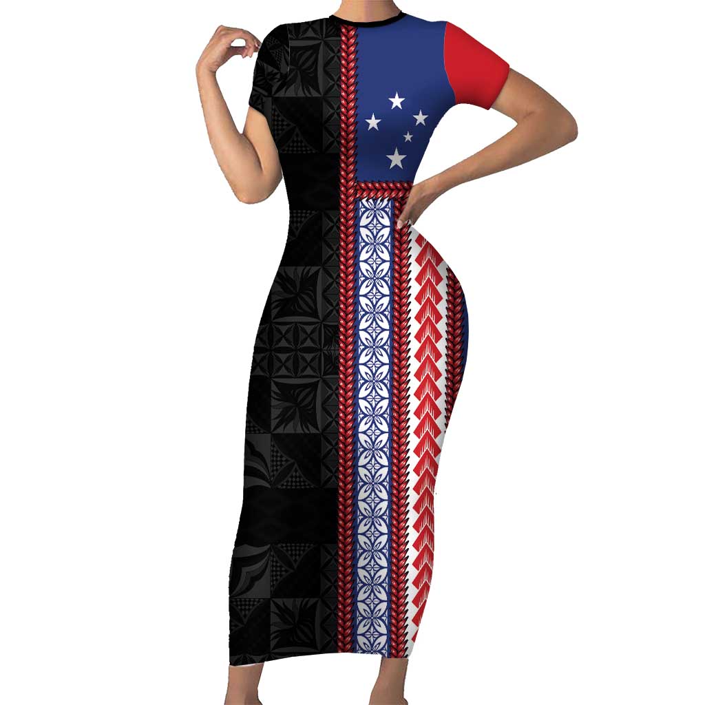 Samoa Flag Short Sleeve Bodycon Dress Ula Fala With Samoan Siapo - Polynesian Pride
