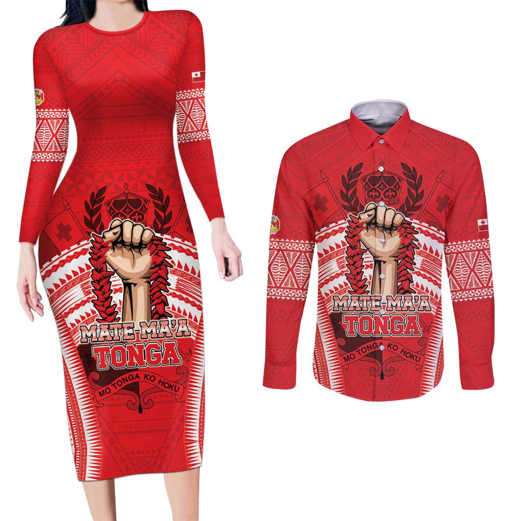 Custom Tonga Rugby Mate Ma'a Couples Matching Long Sleeve Bodycon Dress and Long Sleeve Button Shirt Tongan Pride Unique Style LT05 Red - Polynesian Pride