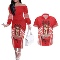 Custom Tonga Rugby Mate Ma'a Couples Matching Off The Shoulder Long Sleeve Dress and Hawaiian Shirt Tongan Pride Unique Style - Polynesian Pride