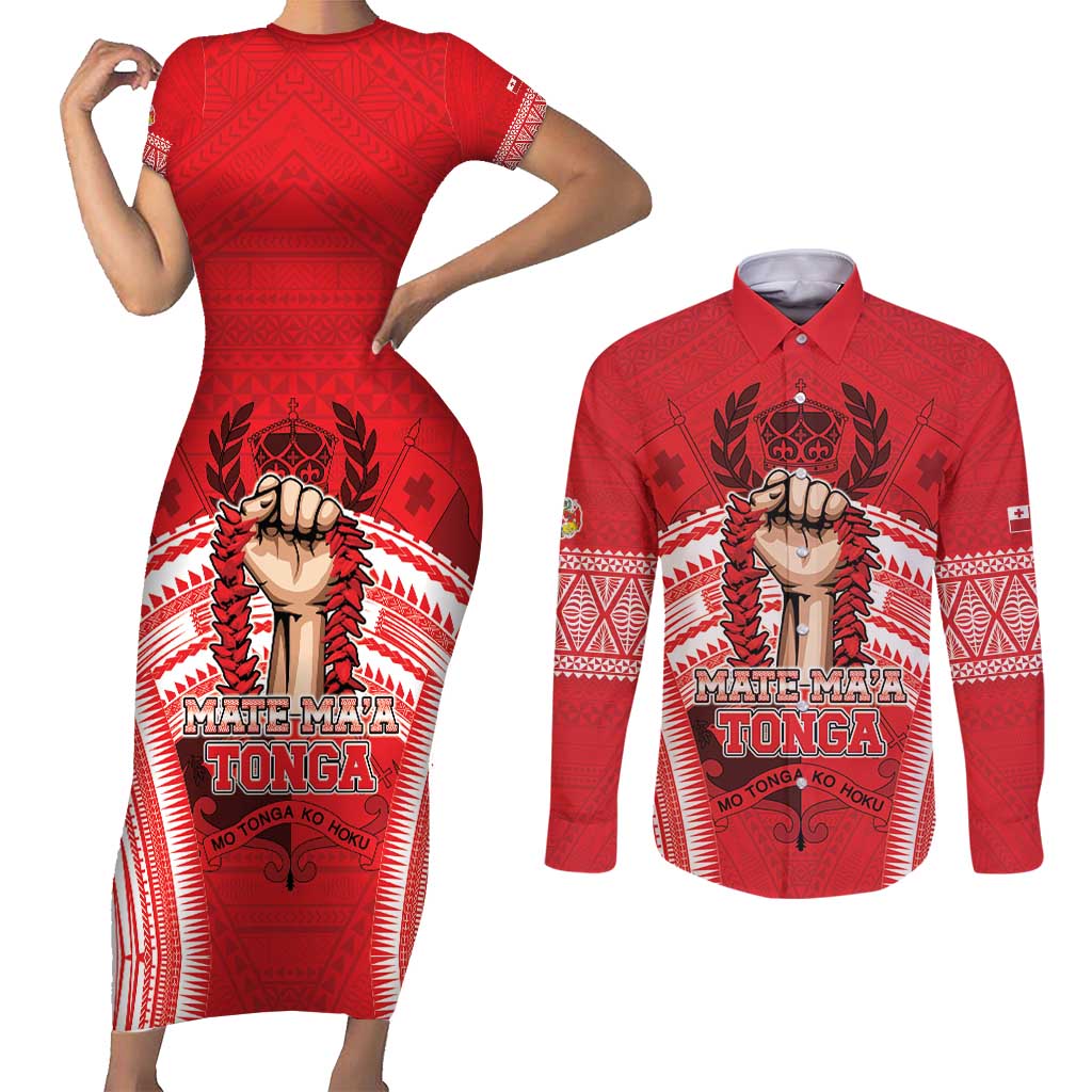 Custom Tonga Rugby Mate Ma'a Couples Matching Short Sleeve Bodycon Dress and Long Sleeve Button Shirt Tongan Pride Unique Style LT05 Red - Polynesian Pride