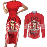 Custom Tonga Rugby Mate Ma'a Couples Matching Short Sleeve Bodycon Dress and Long Sleeve Button Shirt Tongan Pride Unique Style LT05 Red - Polynesian Pride