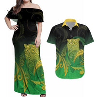 New Zealand Aotearoa Ruru Couples Matching Off Shoulder Maxi Dress and Hawaiian Shirt Maori Fern Art Green LT05 Green - Polynesian Pride