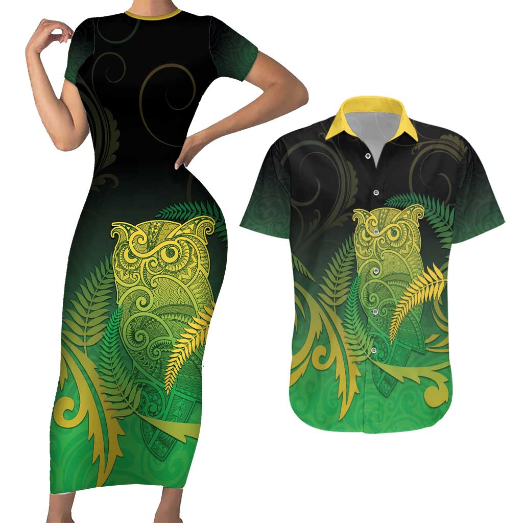 New Zealand Aotearoa Ruru Couples Matching Short Sleeve Bodycon Dress and Hawaiian Shirt Maori Fern Art Green LT05 Green - Polynesian Pride