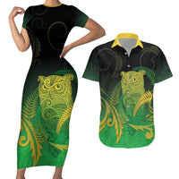 New Zealand Aotearoa Ruru Couples Matching Short Sleeve Bodycon Dress and Hawaiian Shirt Maori Fern Art Green LT05 Green - Polynesian Pride