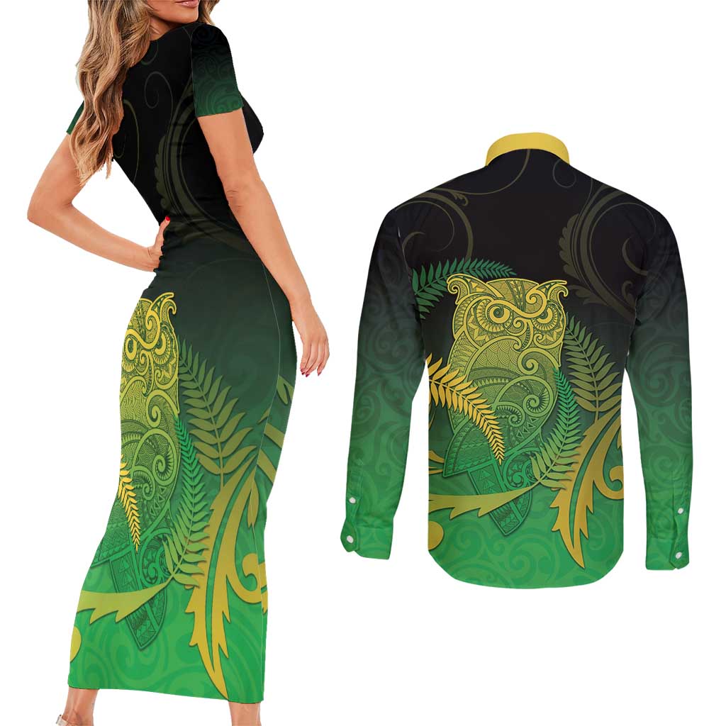New Zealand Aotearoa Ruru Couples Matching Short Sleeve Bodycon Dress and Long Sleeve Button Shirt Maori Fern Art Green LT05 - Polynesian Pride
