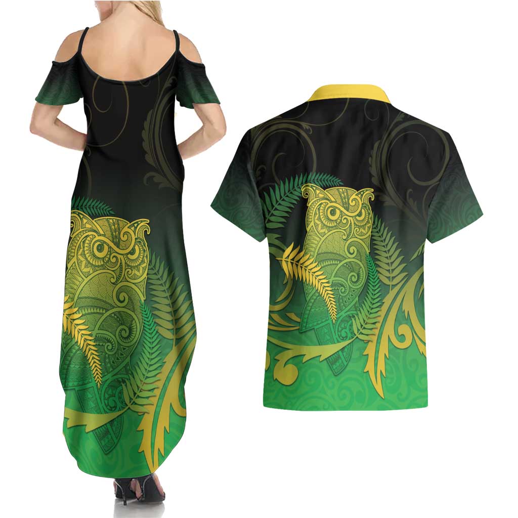New Zealand Aotearoa Ruru Couples Matching Summer Maxi Dress and Hawaiian Shirt Maori Fern Art Green LT05 - Polynesian Pride