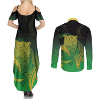New Zealand Aotearoa Ruru Couples Matching Summer Maxi Dress and Long Sleeve Button Shirt Maori Fern Art Green LT05 - Polynesian Pride