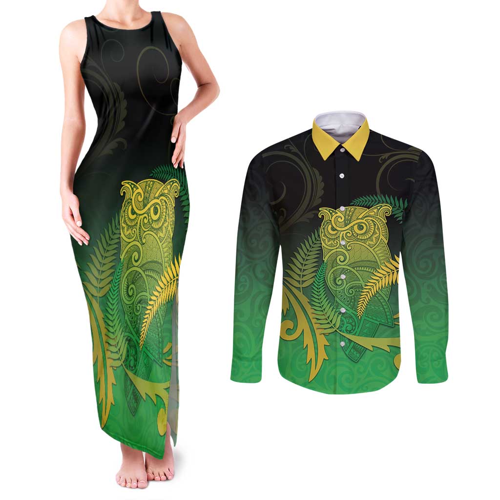 New Zealand Aotearoa Ruru Couples Matching Tank Maxi Dress and Long Sleeve Button Shirt Maori Fern Art Green LT05 Green - Polynesian Pride
