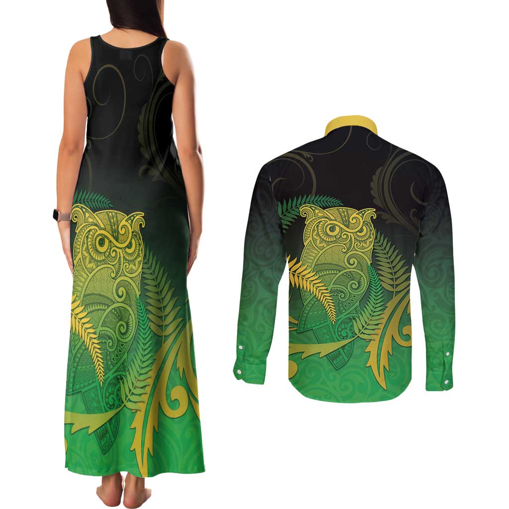 New Zealand Aotearoa Ruru Couples Matching Tank Maxi Dress and Long Sleeve Button Shirt Maori Fern Art Green LT05 - Polynesian Pride