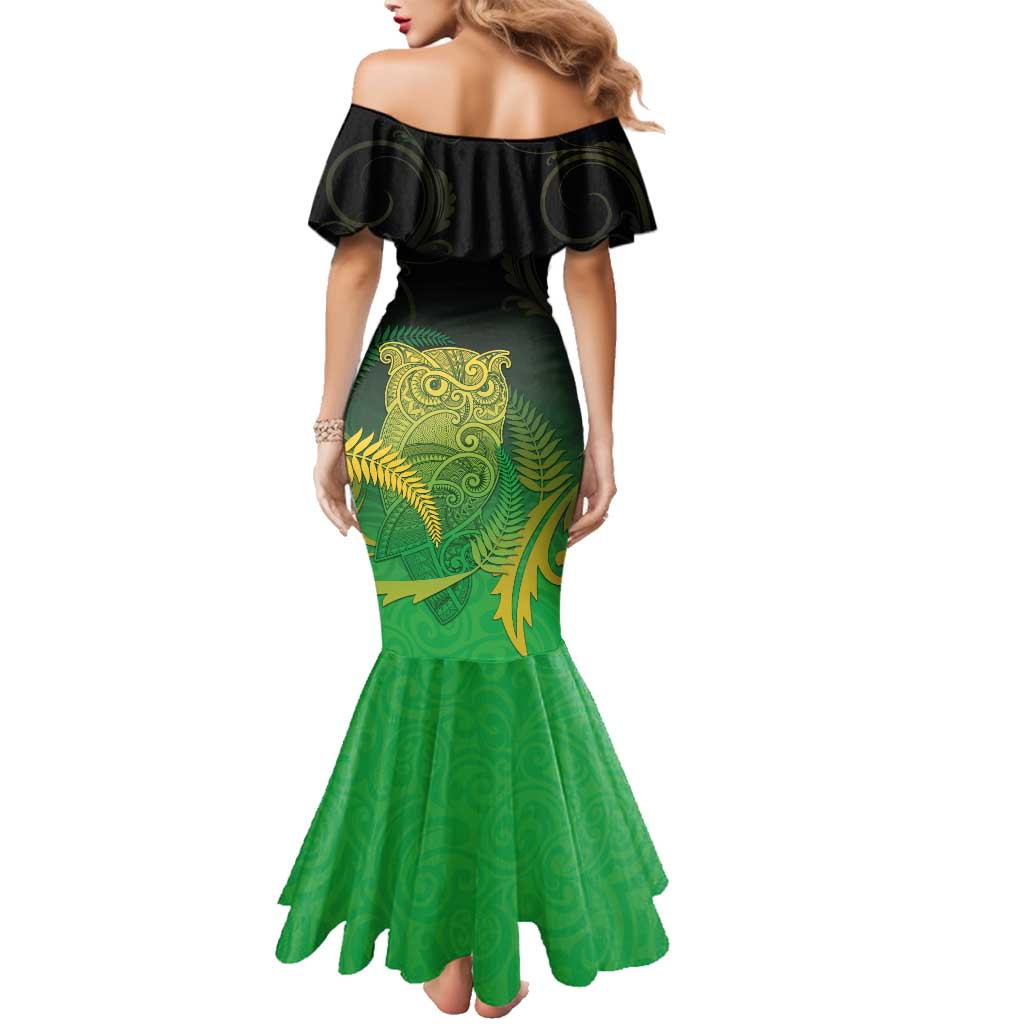 New Zealand Aotearoa Ruru Family Matching Mermaid Dress and Hawaiian Shirt Maori Fern Art Green LT05 - Polynesian Pride