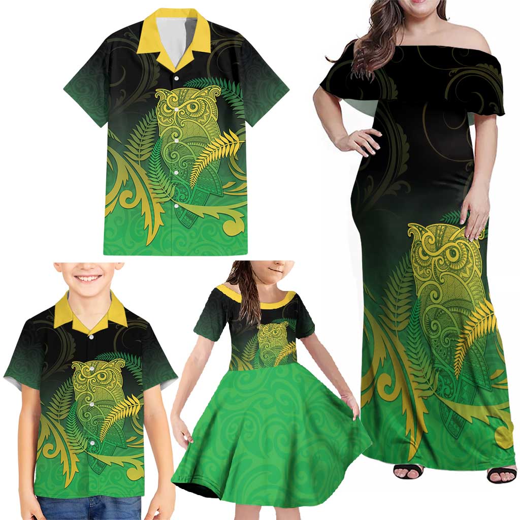 New Zealand Aotearoa Ruru Family Matching Off Shoulder Maxi Dress and Hawaiian Shirt Maori Fern Art Green LT05 - Polynesian Pride