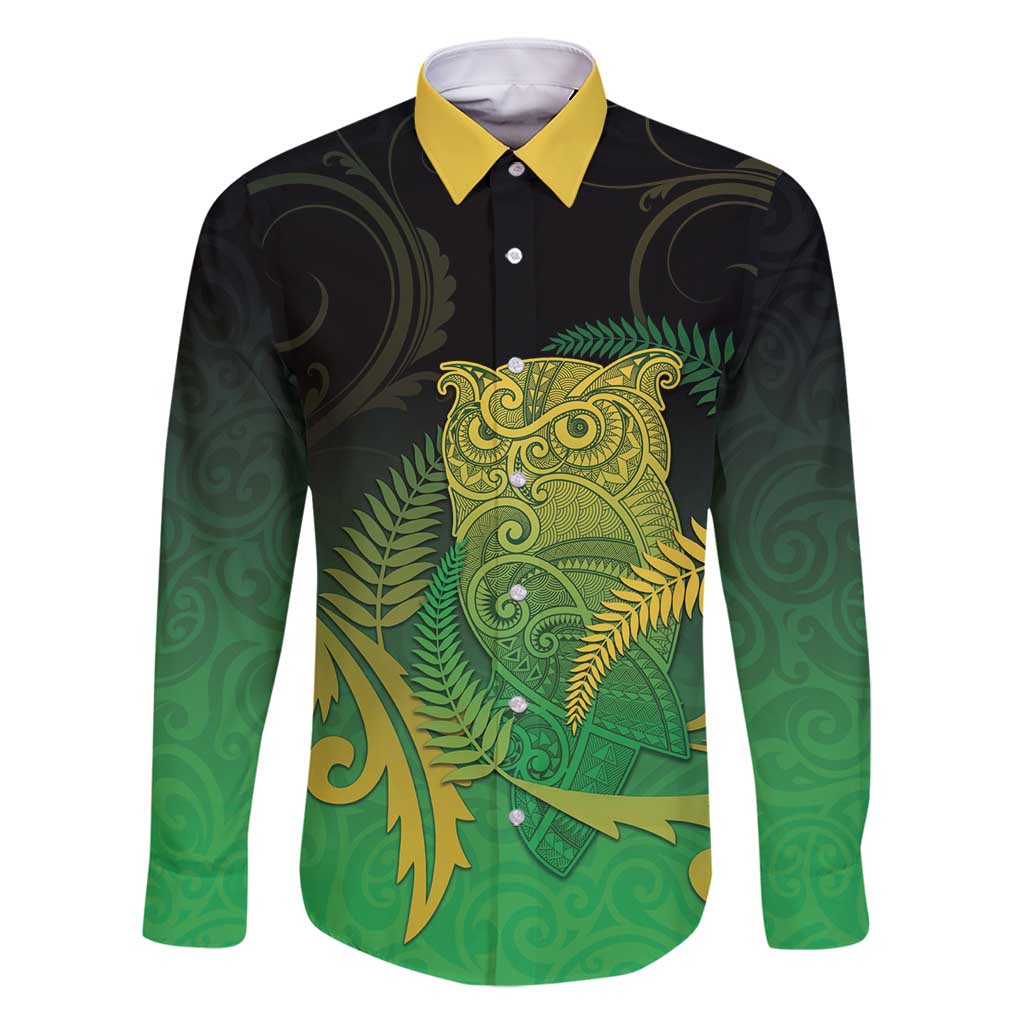 New Zealand Aotearoa Ruru Family Matching Off Shoulder Short Dress and Hawaiian Shirt Maori Fern Art Green LT05 Dad's Shirt - Long Sleeve Green - Polynesian Pride