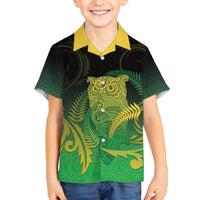 New Zealand Aotearoa Ruru Family Matching Off Shoulder Short Dress and Hawaiian Shirt Maori Fern Art Green LT05 Son's Shirt Green - Polynesian Pride