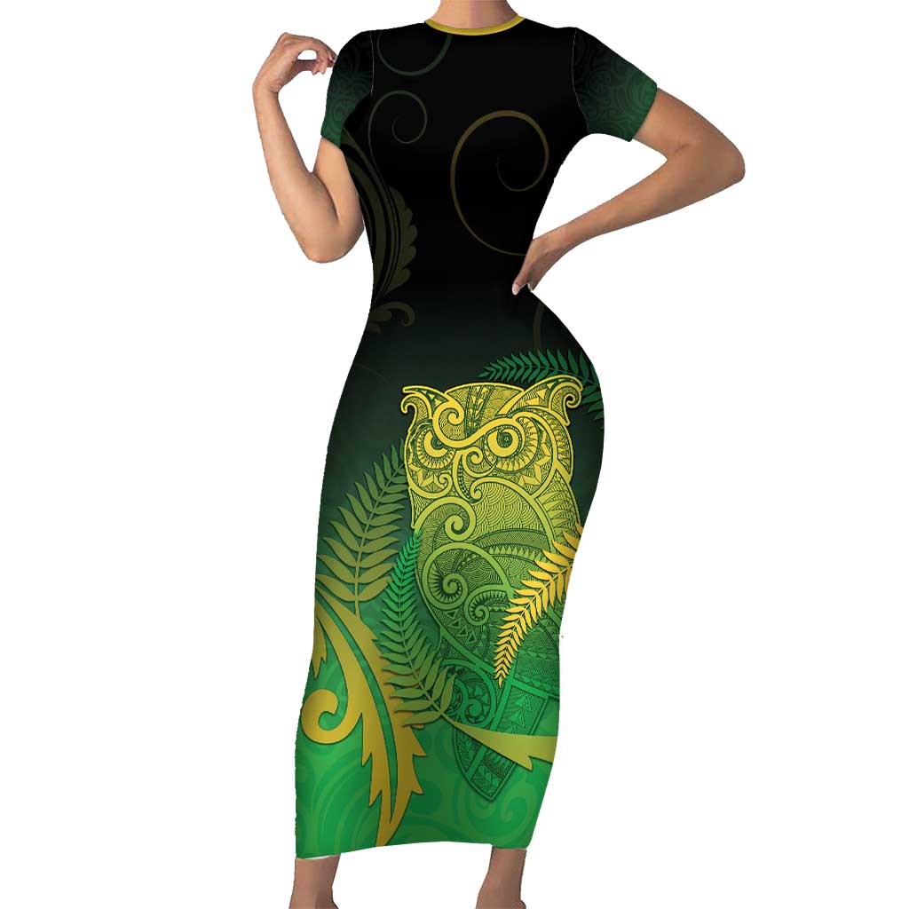 New Zealand Aotearoa Ruru Family Matching Short Sleeve Bodycon Dress and Hawaiian Shirt Maori Fern Art Green LT05 Mom's Dress Green - Polynesian Pride