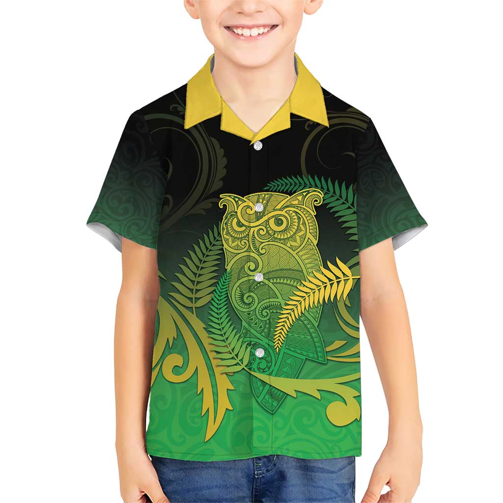 New Zealand Aotearoa Ruru Family Matching Short Sleeve Bodycon Dress and Hawaiian Shirt Maori Fern Art Green LT05 Son's Shirt Green - Polynesian Pride