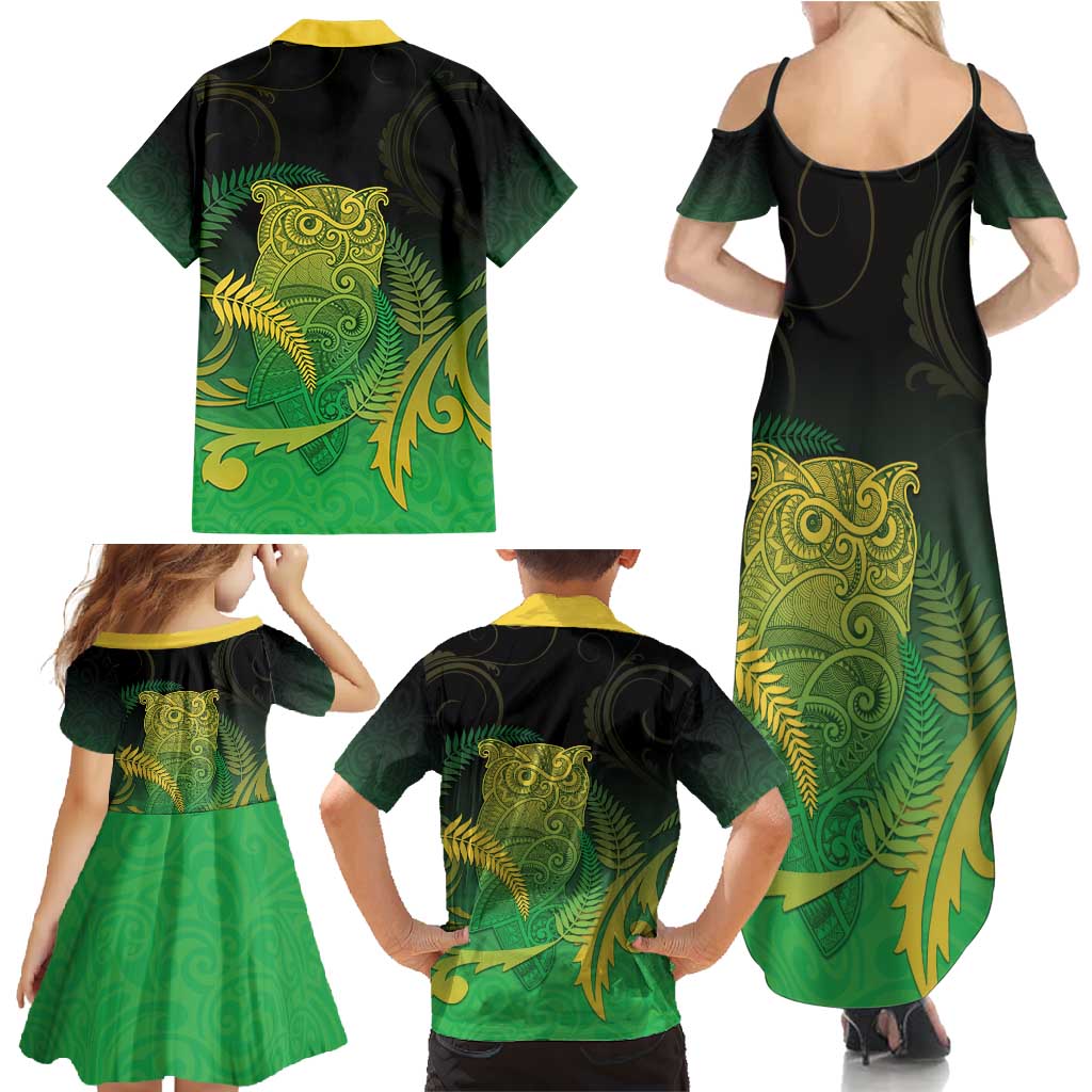 New Zealand Aotearoa Ruru Family Matching Summer Maxi Dress and Hawaiian Shirt Maori Fern Art Green LT05 - Polynesian Pride