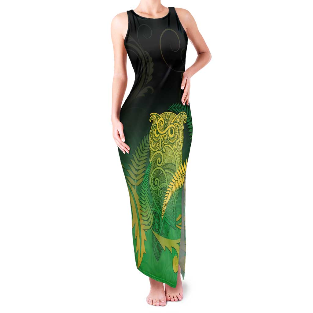 New Zealand Aotearoa Ruru Family Matching Tank Maxi Dress and Hawaiian Shirt Maori Fern Art Green LT05 Mom's Dress Green - Polynesian Pride