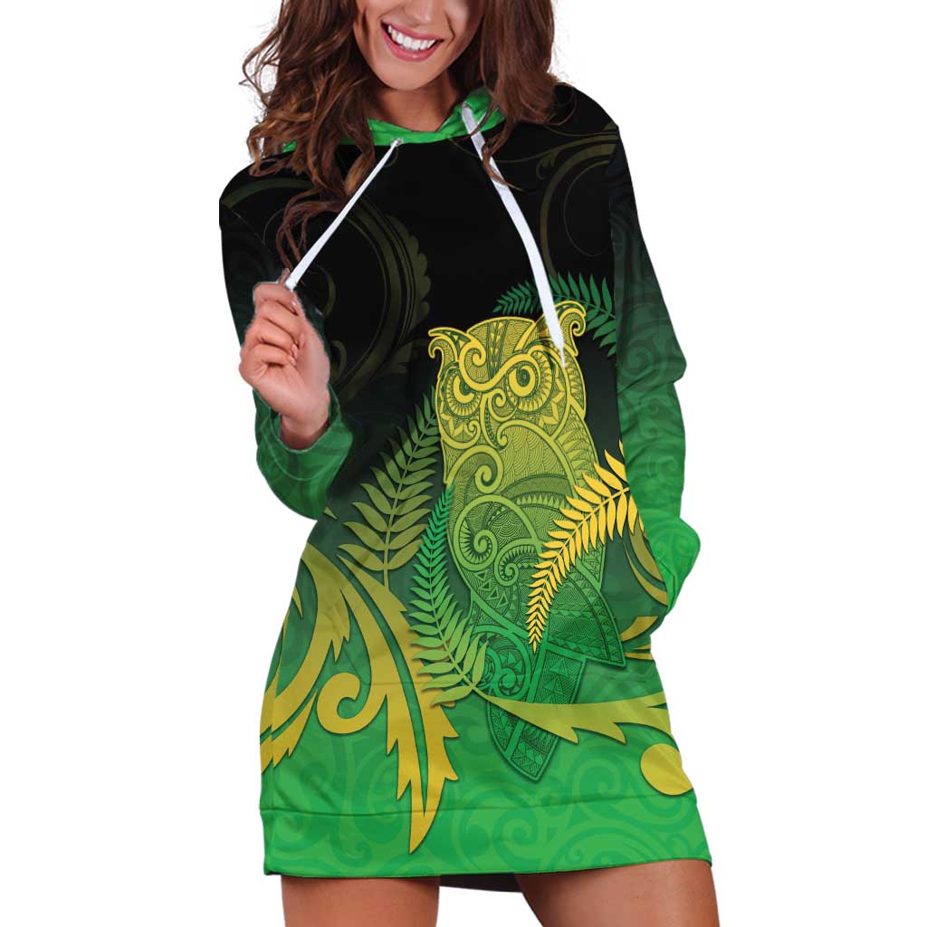 New Zealand Aotearoa Ruru Hoodie Dress Maori Fern Art Green