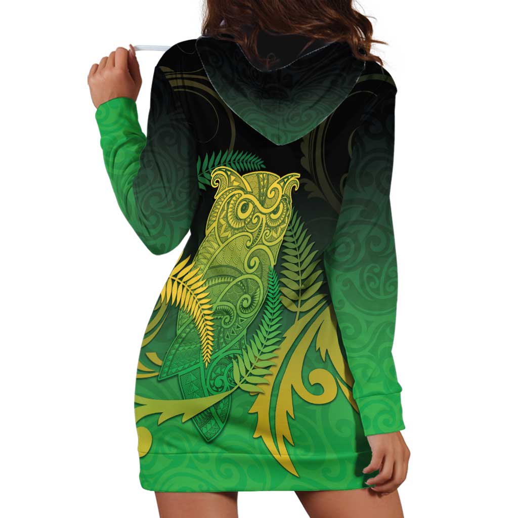New Zealand Aotearoa Ruru Hoodie Dress Maori Fern Art Green