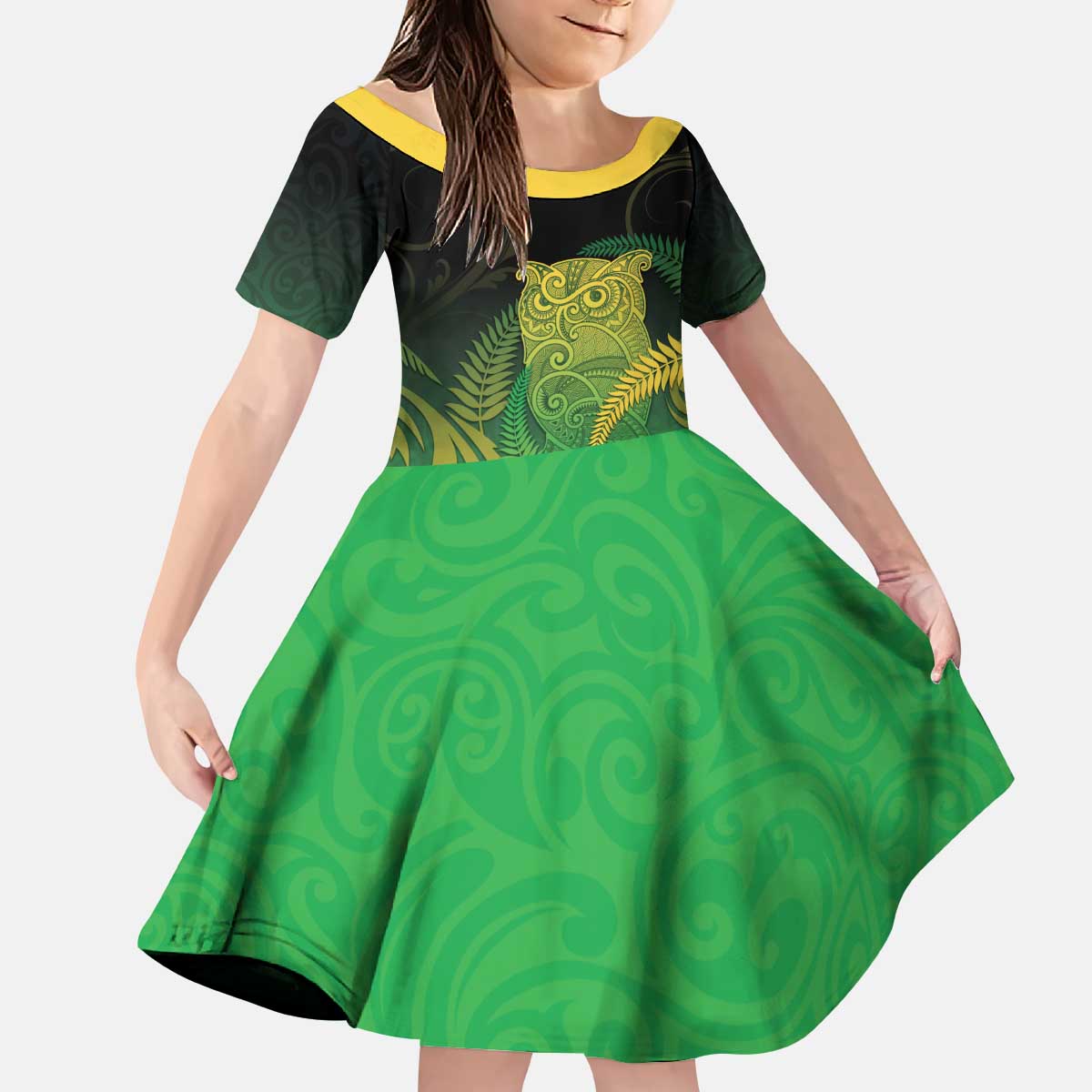 New Zealand Aotearoa Ruru Kid Short Sleeve Dress Maori Fern Art Green