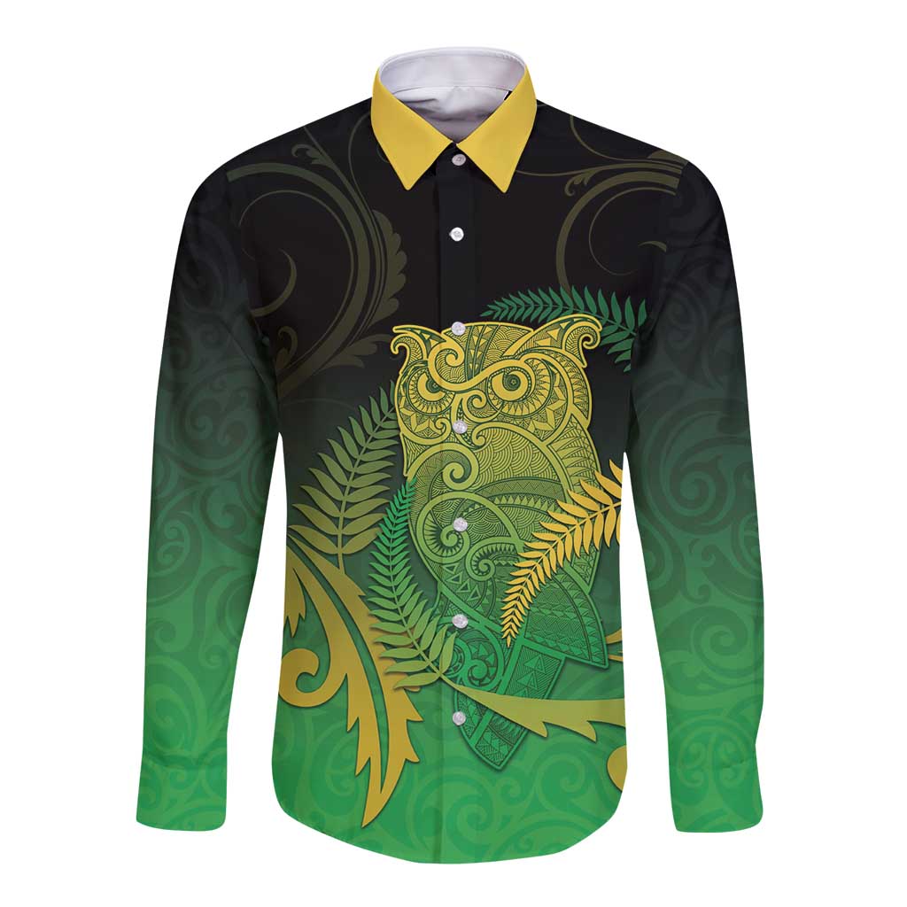 New Zealand Aotearoa Ruru Long Sleeve Button Shirt Maori Fern Art Green LT05 Unisex Green - Polynesian Pride