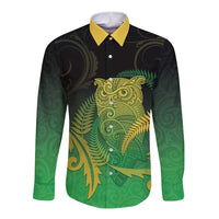 New Zealand Aotearoa Ruru Long Sleeve Button Shirt Maori Fern Art Green LT05 Unisex Green - Polynesian Pride