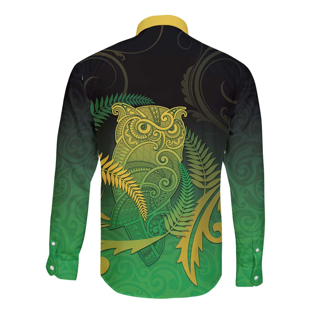 New Zealand Aotearoa Ruru Long Sleeve Button Shirt Maori Fern Art Green LT05 - Polynesian Pride