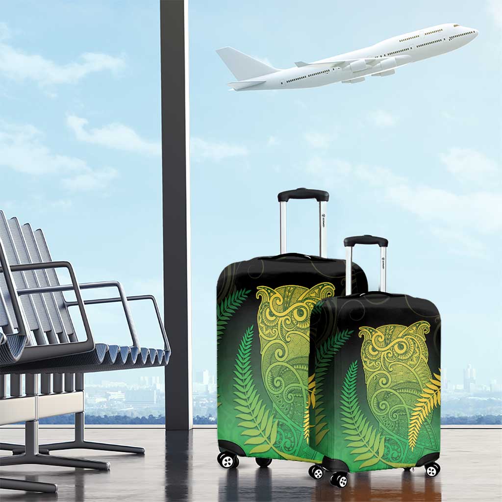 New Zealand Aotearoa Ruru Luggage Cover Maori Fern Art Green