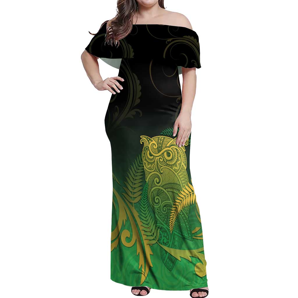 New Zealand Aotearoa Ruru Off Shoulder Maxi Dress Maori Fern Art Green