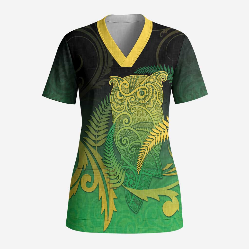 New Zealand Aotearoa Ruru Scrub Top Maori Fern Art Green - Polynesian Pride