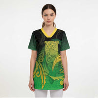 New Zealand Aotearoa Ruru Scrub Top Maori Fern Art Green - Polynesian Pride