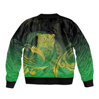 New Zealand Aotearoa Ruru Sleeve Zip Bomber Jacket Maori Fern Art Green