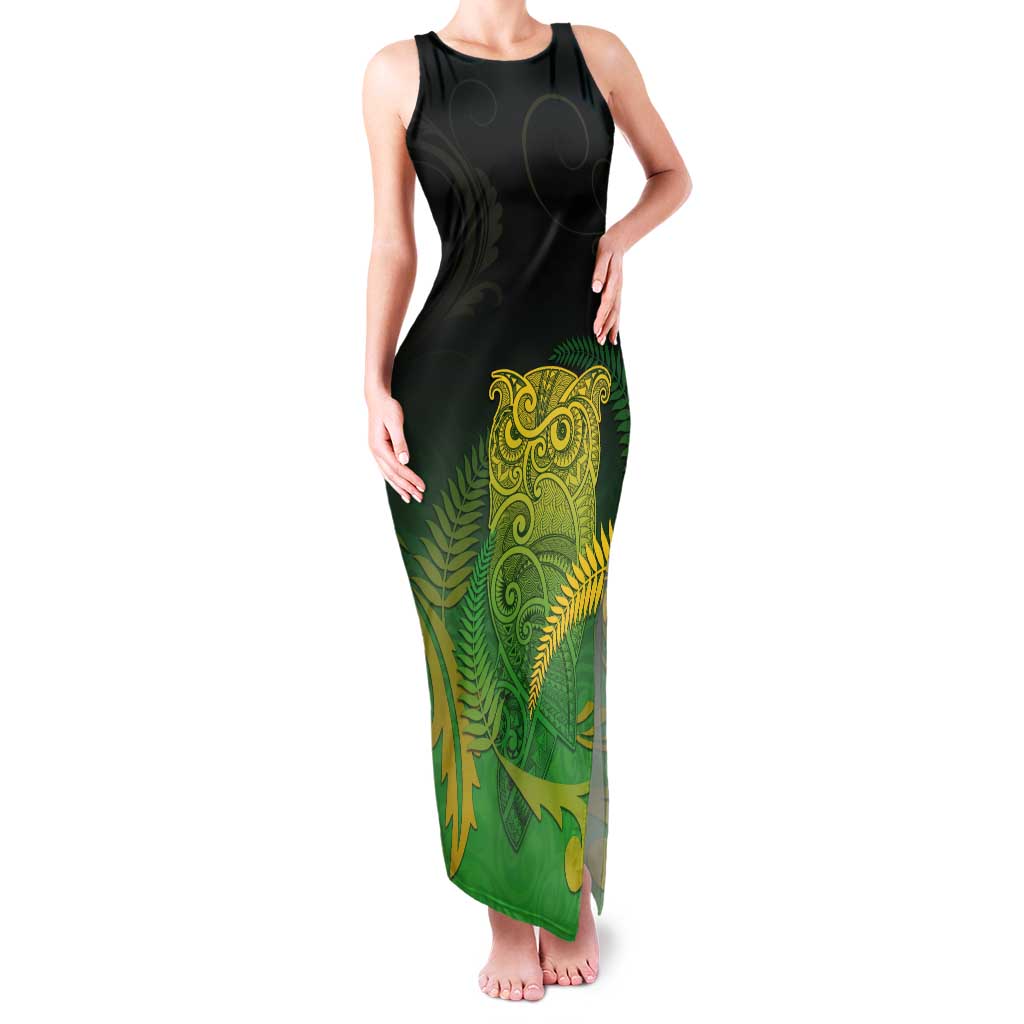 New Zealand Aotearoa Ruru Tank Maxi Dress Maori Fern Art Green