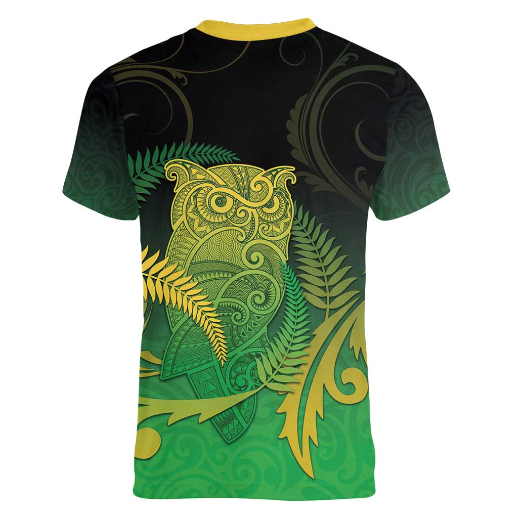 New Zealand Aotearoa Ruru Women V-Neck T-Shirt Maori Fern Art Green LT05 - Polynesian Pride