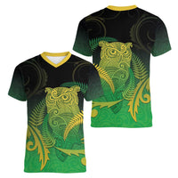 New Zealand Aotearoa Ruru Women V-Neck T-Shirt Maori Fern Art Green LT05 - Polynesian Pride