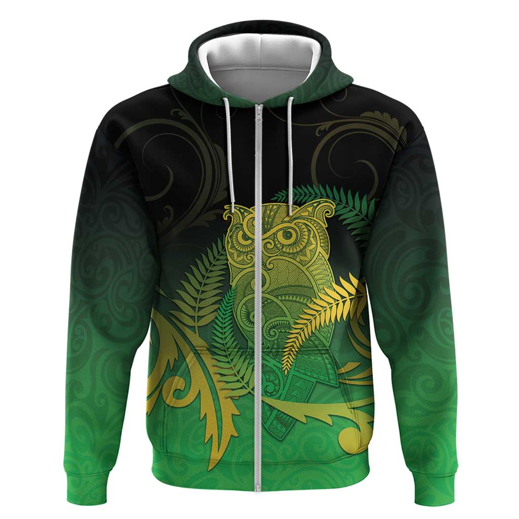 New Zealand Aotearoa Ruru Zip Hoodie Maori Fern Art Green