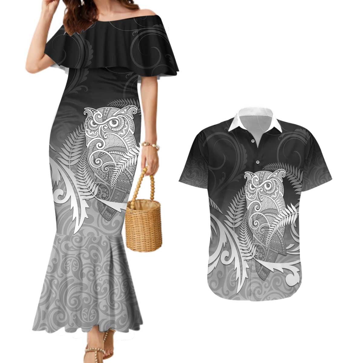 New Zealand Aotearoa Ruru Couples Matching Mermaid Dress and Hawaiian Shirt Maori Fern Art Black LT05 Black - Polynesian Pride