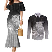 New Zealand Aotearoa Ruru Couples Matching Mermaid Dress and Long Sleeve Button Shirt Maori Fern Art Black LT05 Black - Polynesian Pride