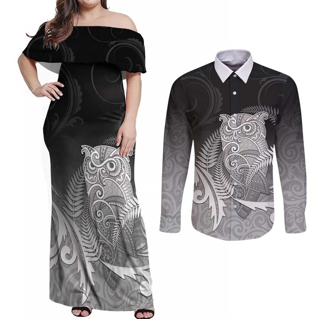 New Zealand Aotearoa Ruru Couples Matching Off Shoulder Maxi Dress and Long Sleeve Button Shirt Maori Fern Art Black LT05 Black - Polynesian Pride