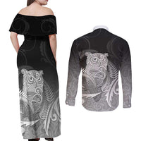 New Zealand Aotearoa Ruru Couples Matching Off Shoulder Maxi Dress and Long Sleeve Button Shirt Maori Fern Art Black LT05 - Polynesian Pride