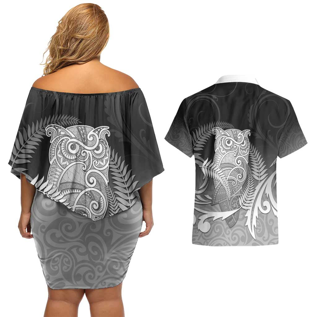 New Zealand Aotearoa Ruru Couples Matching Off Shoulder Short Dress and Hawaiian Shirt Maori Fern Art Black LT05 - Polynesian Pride